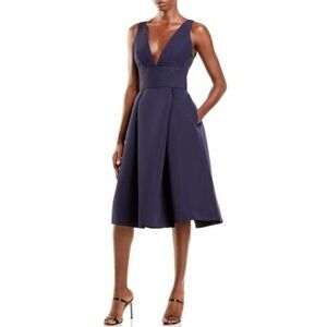 AMSALE Navy Faille Deep V Fit + Flare Evening Dress